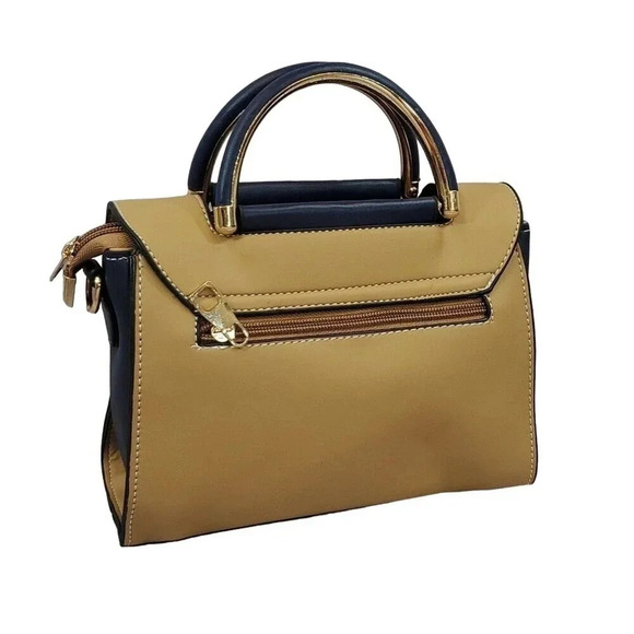 Blue and Tan Two-Tone Cross Body Purse With Golden Accents, Adjustable Strap - Picture 5 of 7